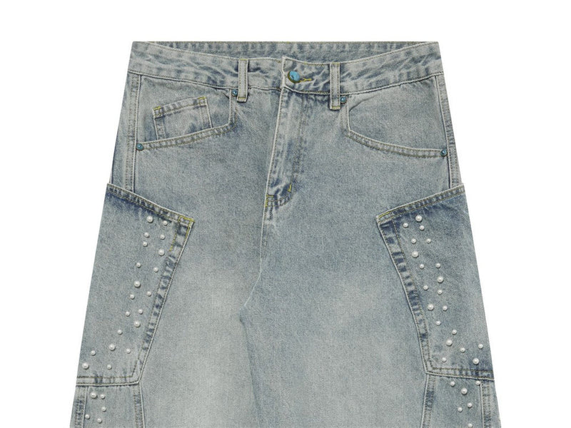 Pearl-Studded Wide-Leg Denim Cargo Jeans – Vintage Washed Scimitar Cut
