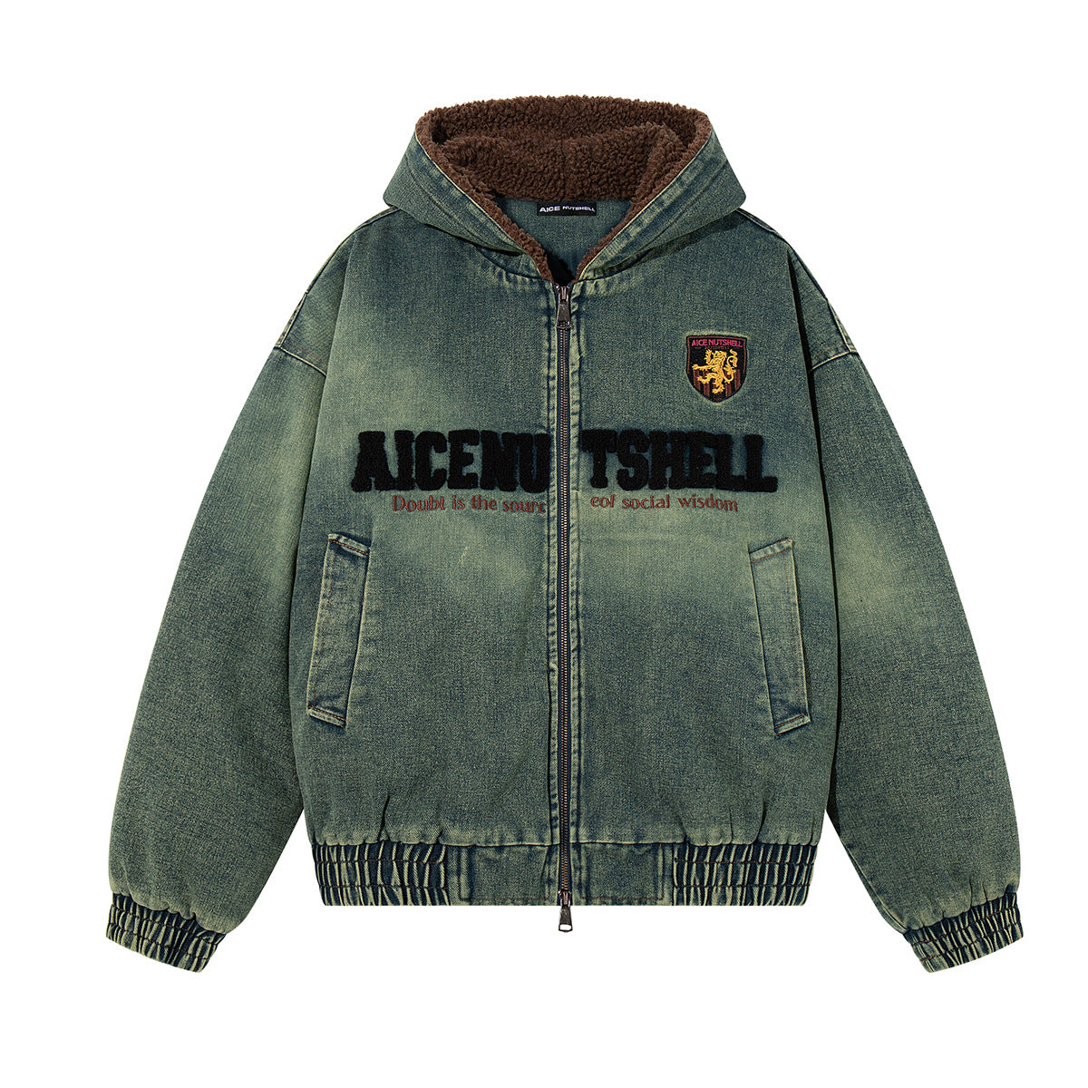 Washed Denim Padded Hoodie Jacket with Embroidered Logo & Sherpa Collar
