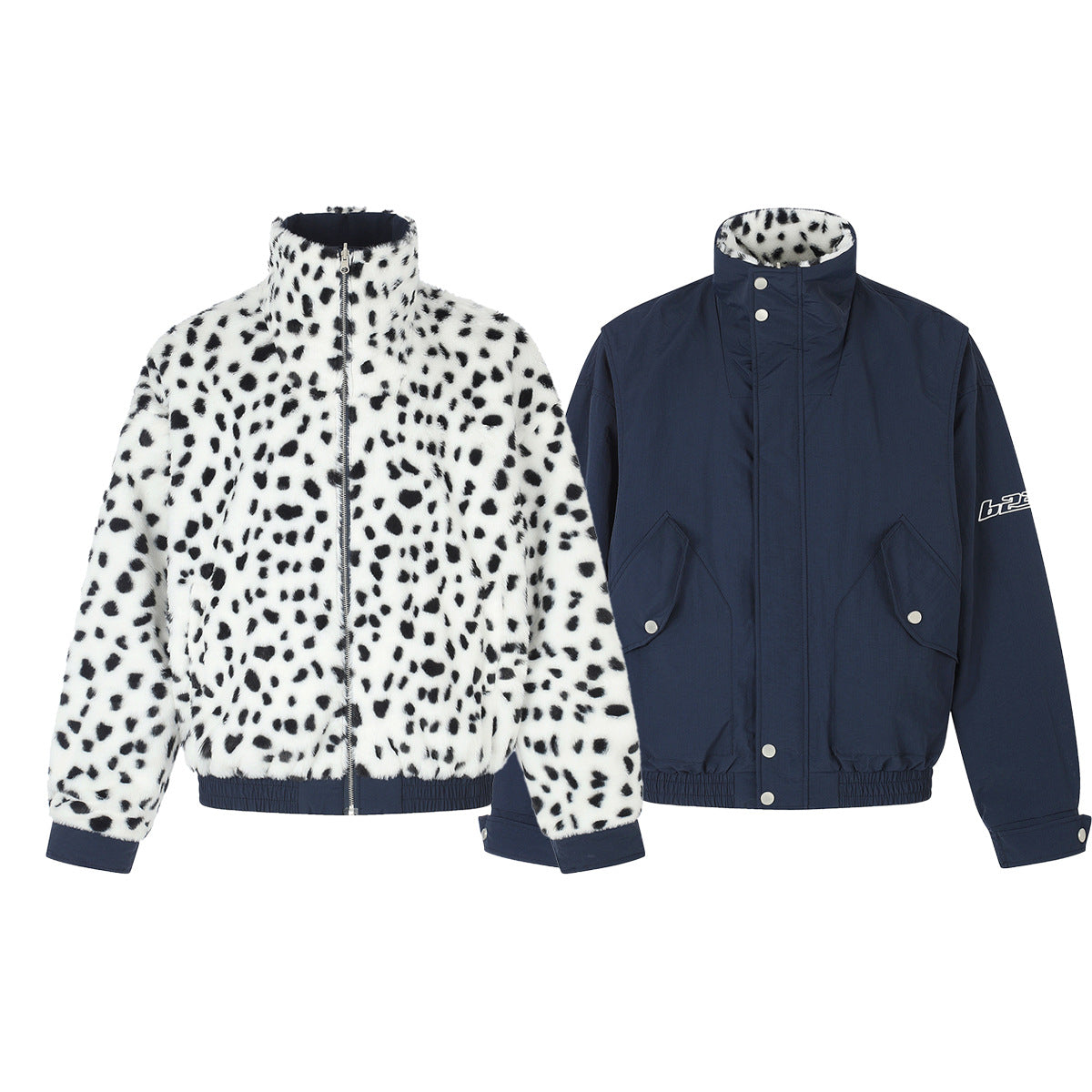 Reversible Dalmatian Faux Fur Bomber Jacket – Two-Way Wear Padded Coat