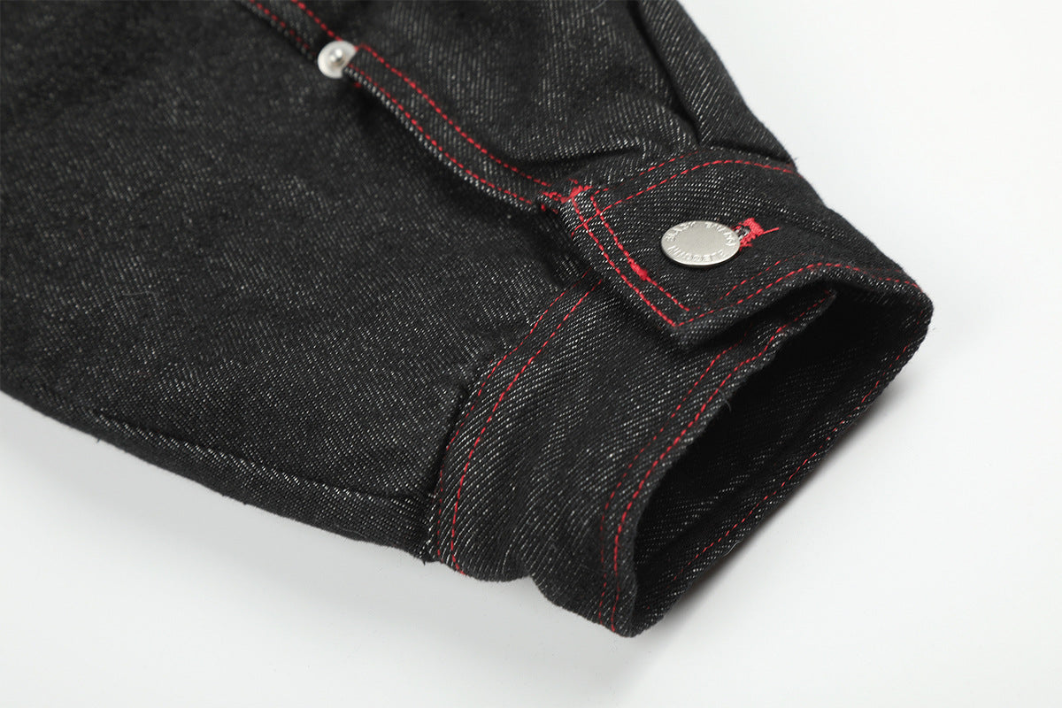 Black Denim Fur Collar Padded Jacket with Red Trim & Snap Buttons