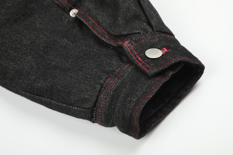 Black Denim Fur Collar Padded Jacket with Red Trim & Snap Buttons