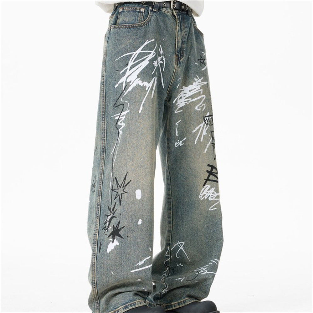 Graffiti Print Wide-Leg Jeans – Punk Streetwear Straight Baggy Denim