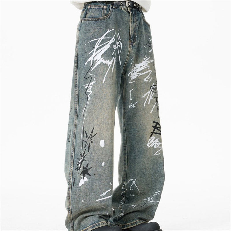 Graffiti Print Wide-Leg Jeans – Punk Streetwear Straight Baggy Denim
