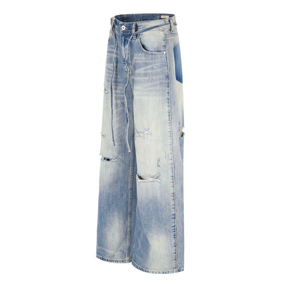 Wide-Leg Distressed Jeans – Gradient Washed Denim with Ripped Details