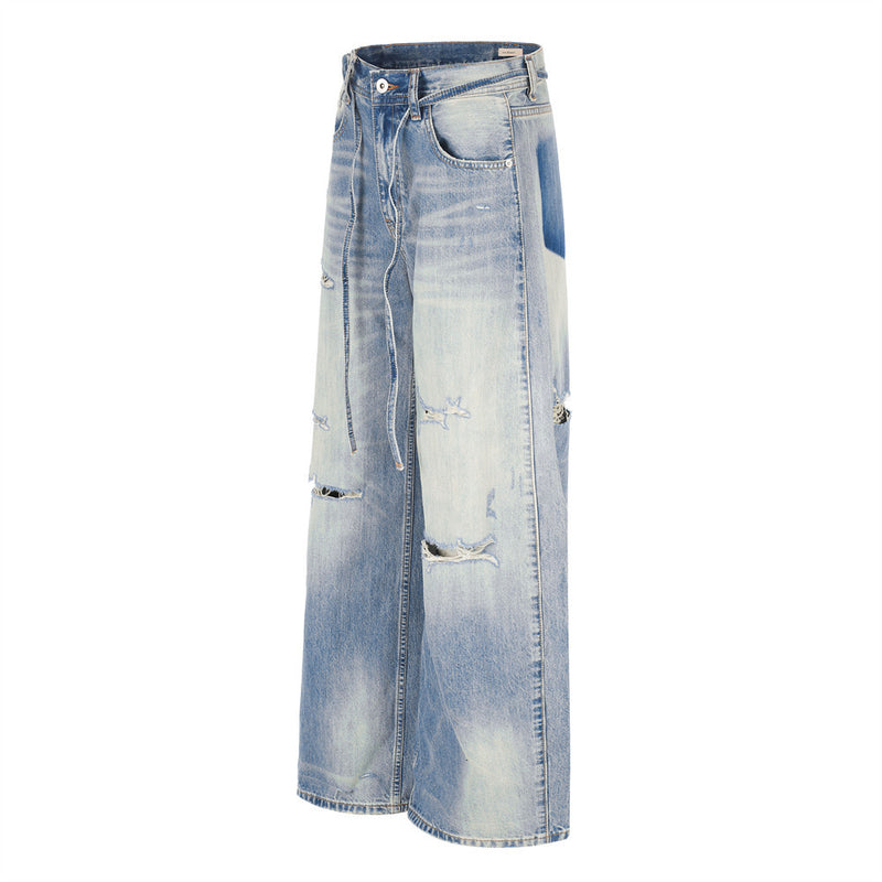 Wide-Leg Distressed Jeans – Gradient Washed Denim with Ripped Details