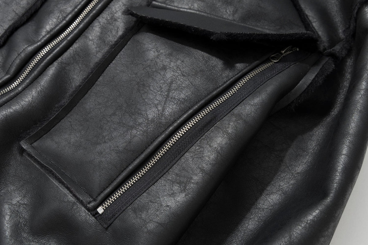 Leather Jacket with Fur Collar – Black Bomber Moto Jacket with Cargo Pockets &