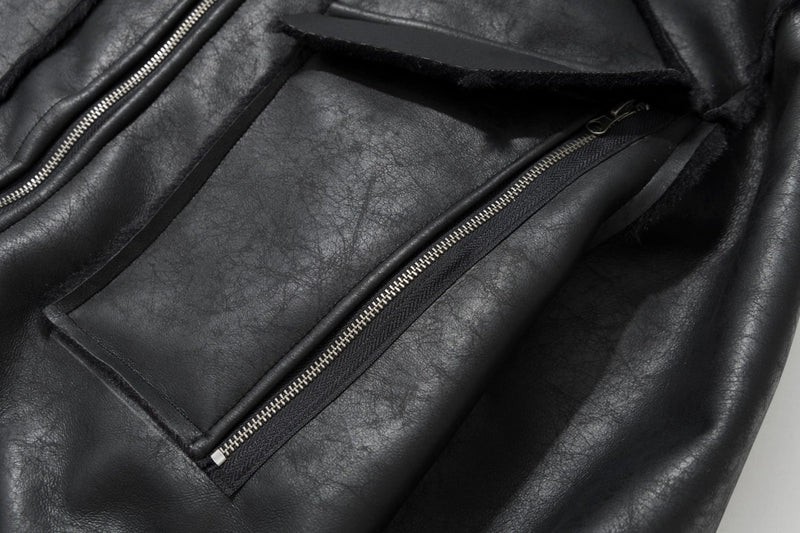 Leather Jacket with Fur Collar – Black Bomber Moto Jacket with Cargo Pockets &