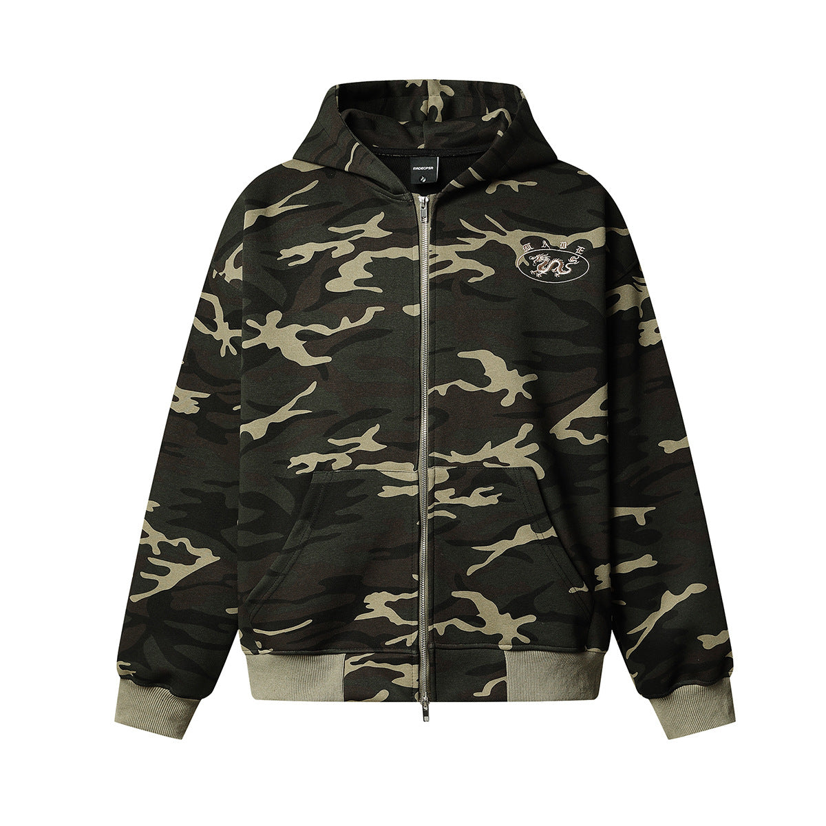 Zip-Hoodie mit Drachenemblem – Oversized Streetwear in Camo & Schwarz