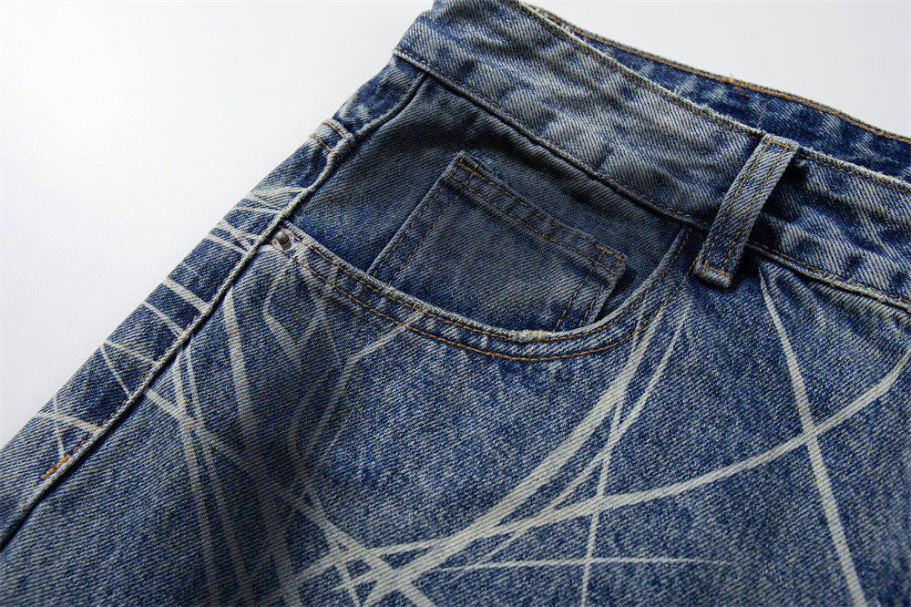 Wide-Leg Jeans with Paint Splatter & Distressed Scratch Print — Grunge Baggy Fit