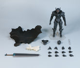 Ideal for Berserk fans, the Berserk Brand Marked Guts Berserker Armor Action Figure is a 16 cm poseable PVC statue. It includes interchangeable heads/hands, a large sword, black cape, small white figure, and various accessories.