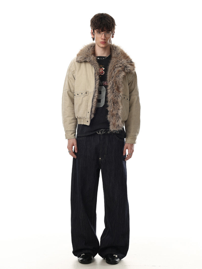 Faux Fur Collar Padded Bomber Jacket – Oversized Cotton Shell
