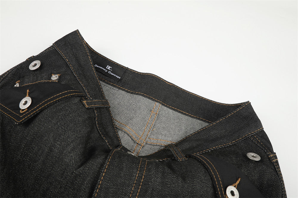 Raw Denim Cargo Wide-Leg Jeans – Multi-Pocket Straight Fit