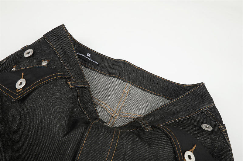 Raw Denim Cargo Wide-Leg Jeans – Multi-Pocket Straight Fit