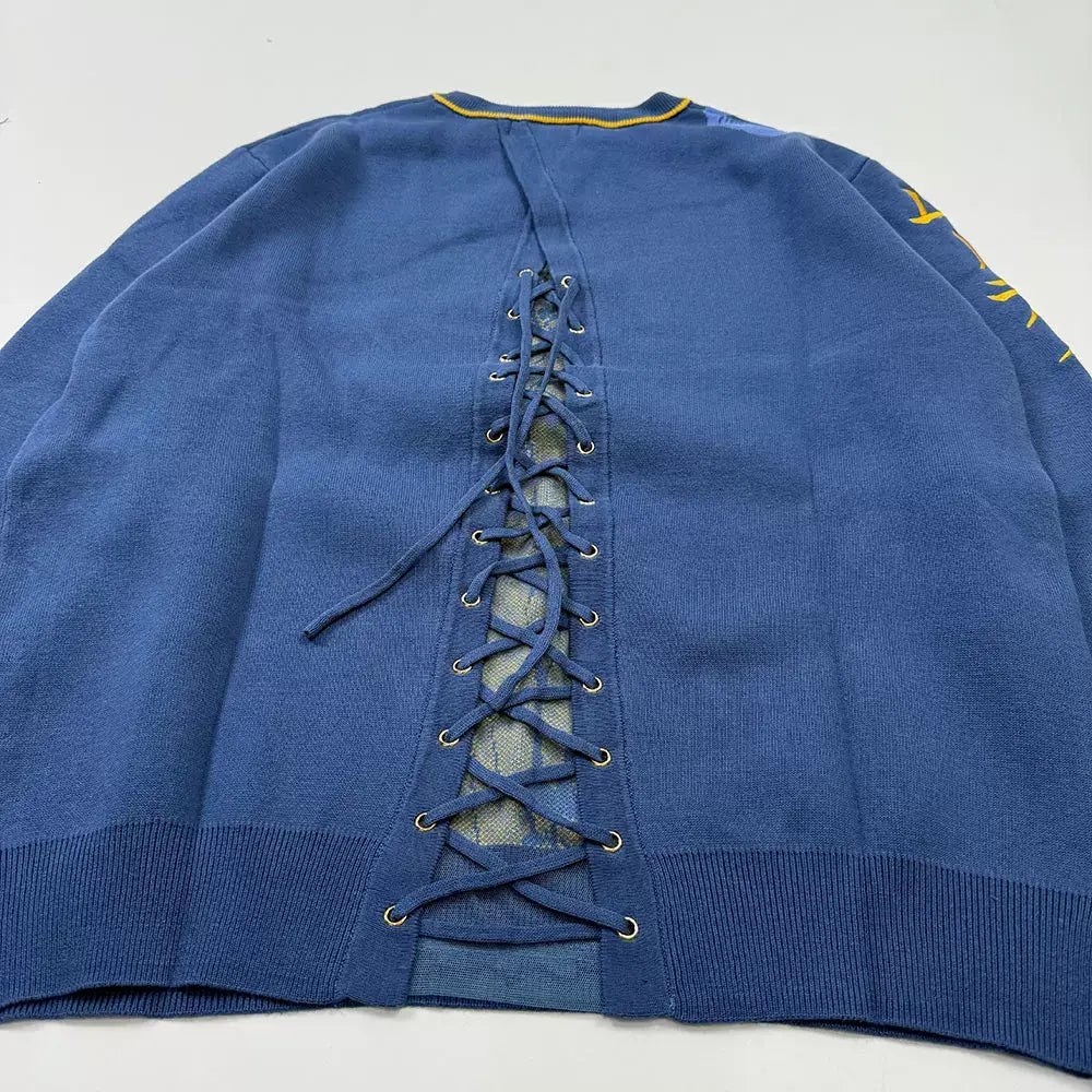 Anime Jacquard Knit Crewneck Sweater Blue Gold Lace-Up Back Graphic