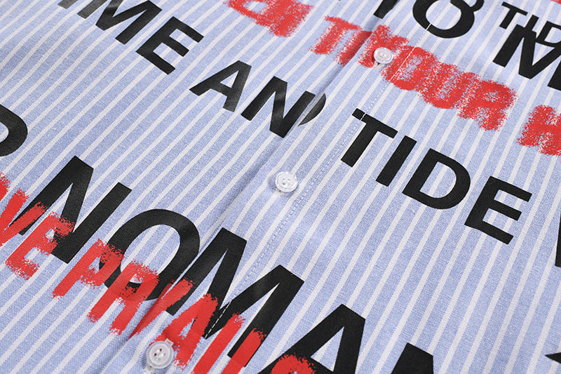 Graphic Button-Up Shirt – Hip-Hop Letter Print Vertical Stripe Long Sleeve