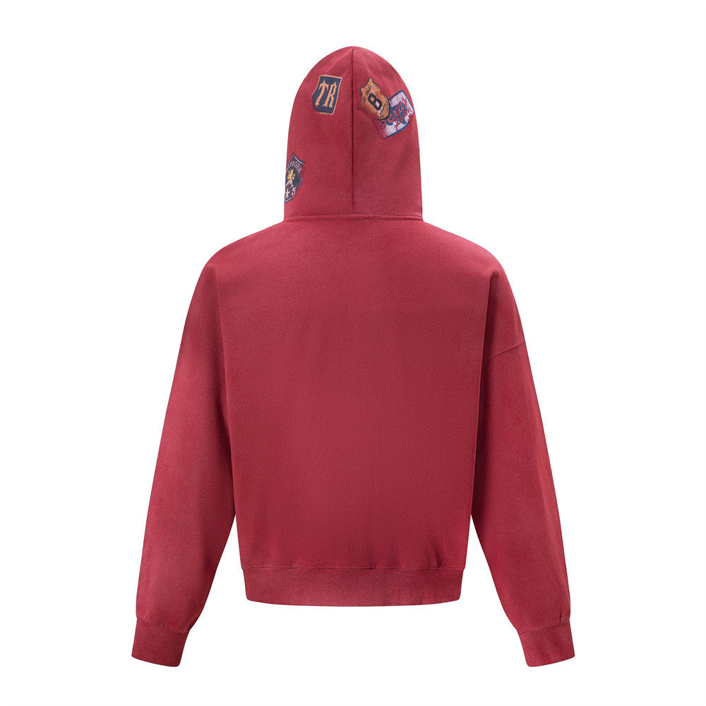 Vintage Patch Zip-Up Hoodie – Oversized Acid-Wash Streetwear Sweatshirt
