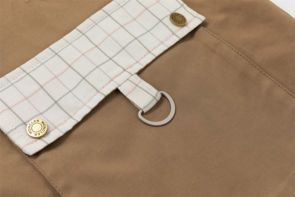 Men's Cargo Zip Jacket with Plaid Contrast Collar and Patch Pockets — Khaki
