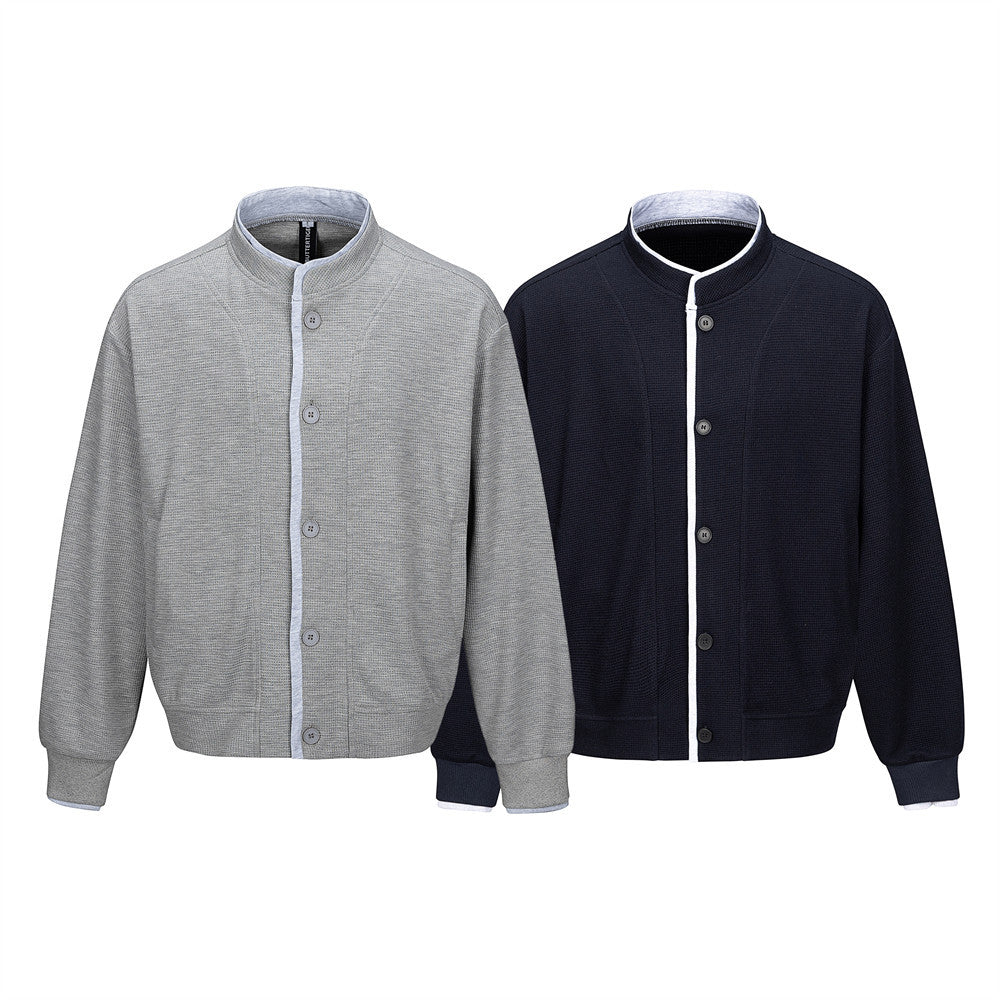 Herren-Bomber-Cardiganjacke aus Waffelstrick mit Stehkragen – Lässige Passform