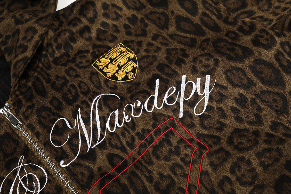 Leoparden-Hoodie mit Reißverschluss und Design – bestickte Varsity-Streetwear-Jacke