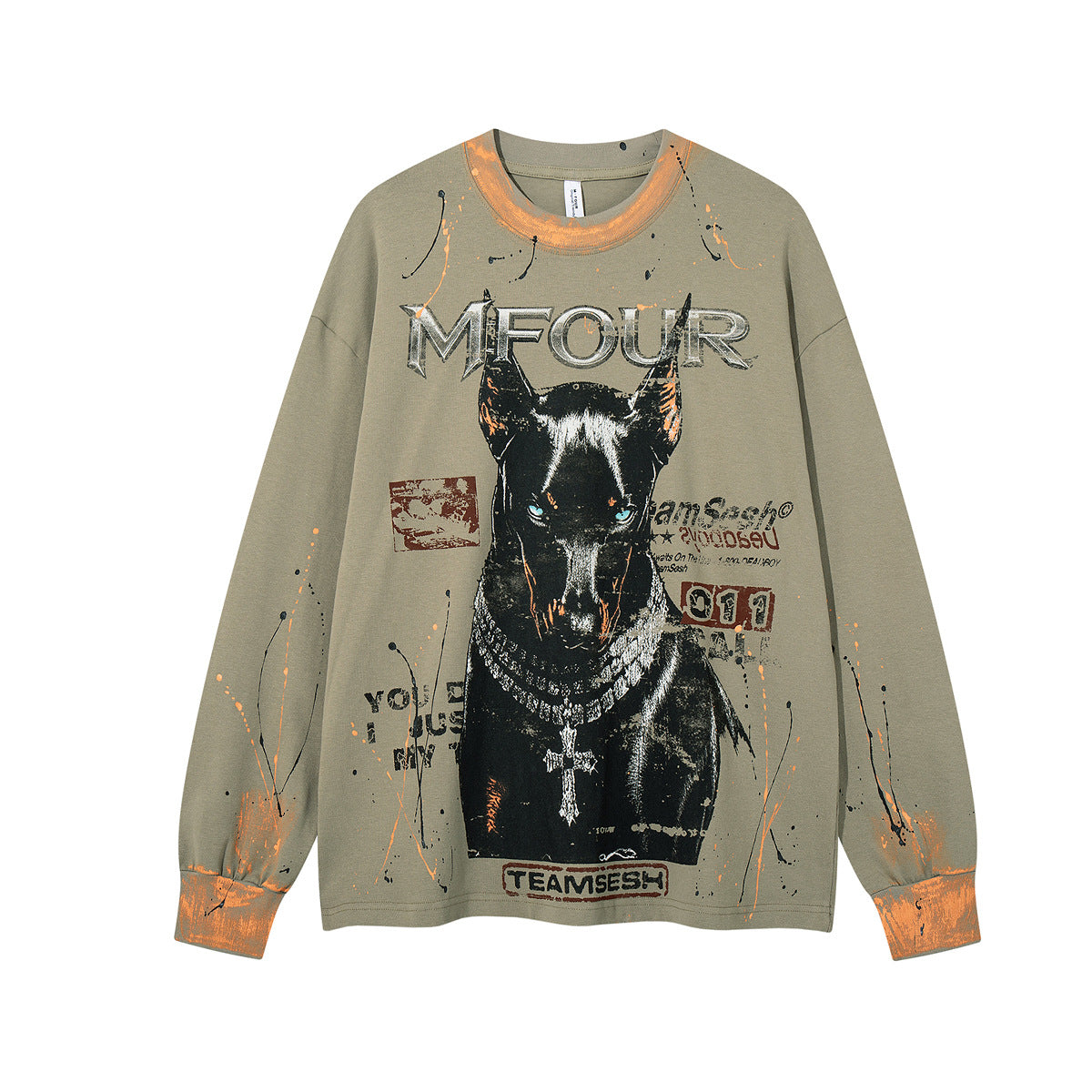 MFOUR Doberman Graphic Long Sleeve Shirt – Streetwear Paint Splatter Tee