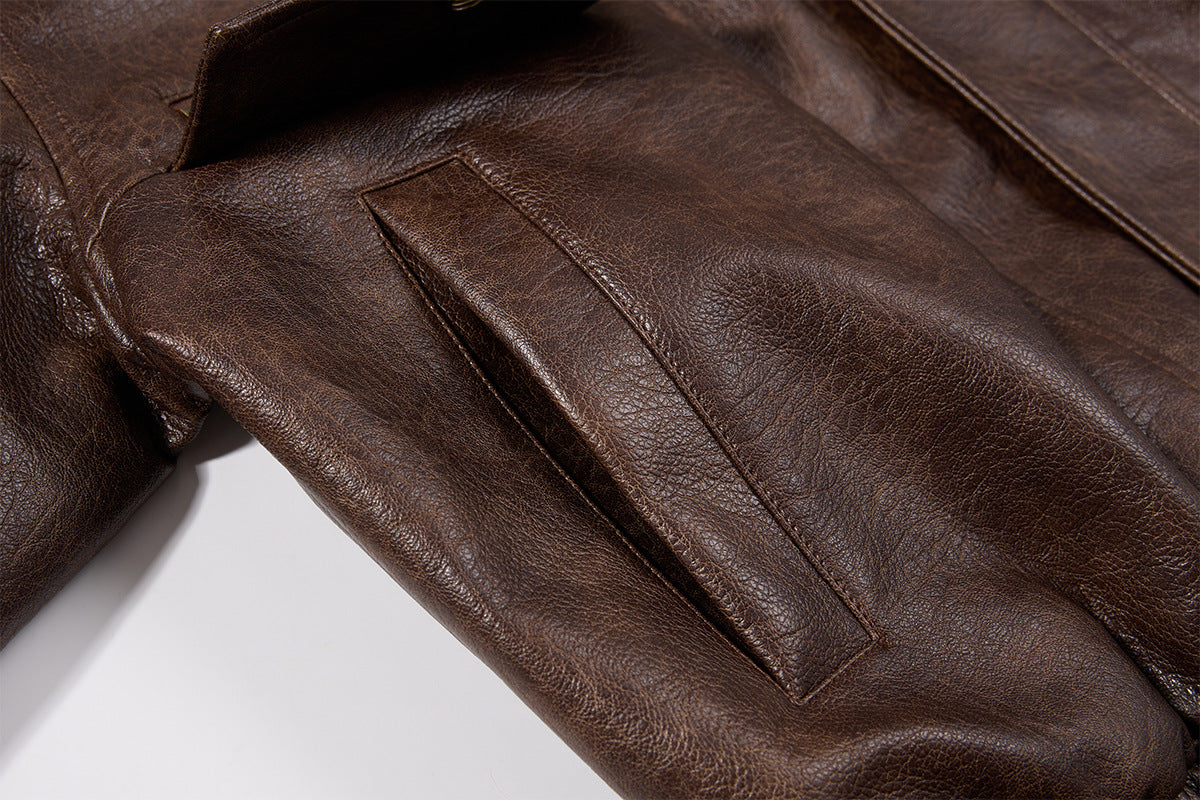 Oversized PU Leather Bomber Jacket – Vintage American Moto Style with Contrast