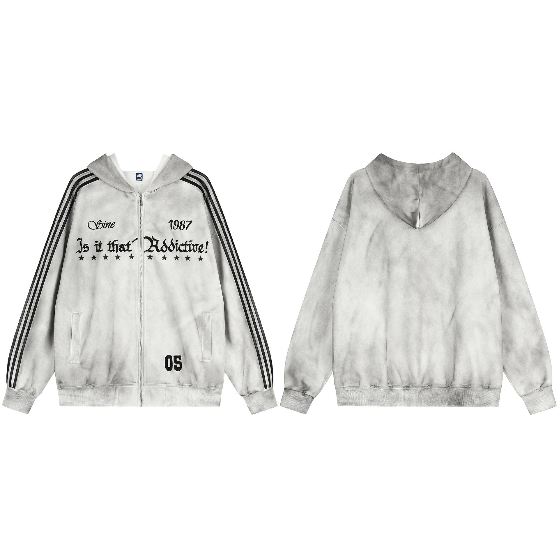 Sweat à capuche zippé tie-dye, manches rayées et motif graphique gothique