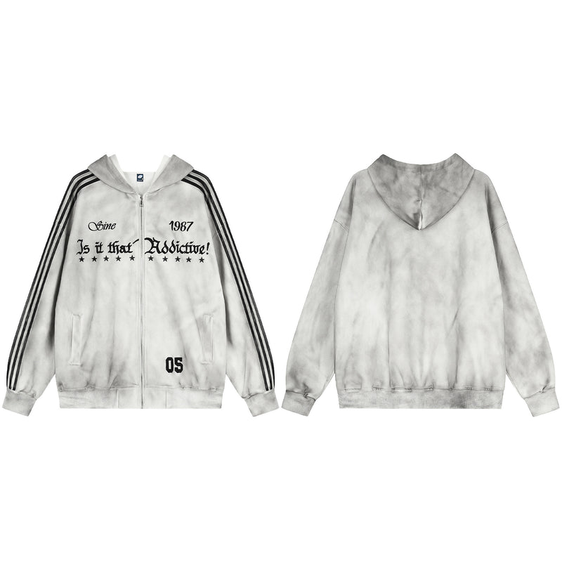 Sweat à capuche zippé tie-dye, manches rayées et motif graphique gothique