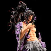 The Kokushibo Demon Slayer Figure, a 31CM PVC action collectible from the Kimetsu no Yaiba series by Demon Slayer, features the male character with long spiky hair tied back, wielding a sword. His muscular torso is showcased in purple and gray attire against a black backdrop to emphasize his fierce presence.