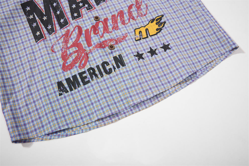Plaid Long-Sleeve Shirt with Varsity Graphic Print and Contrast Collar