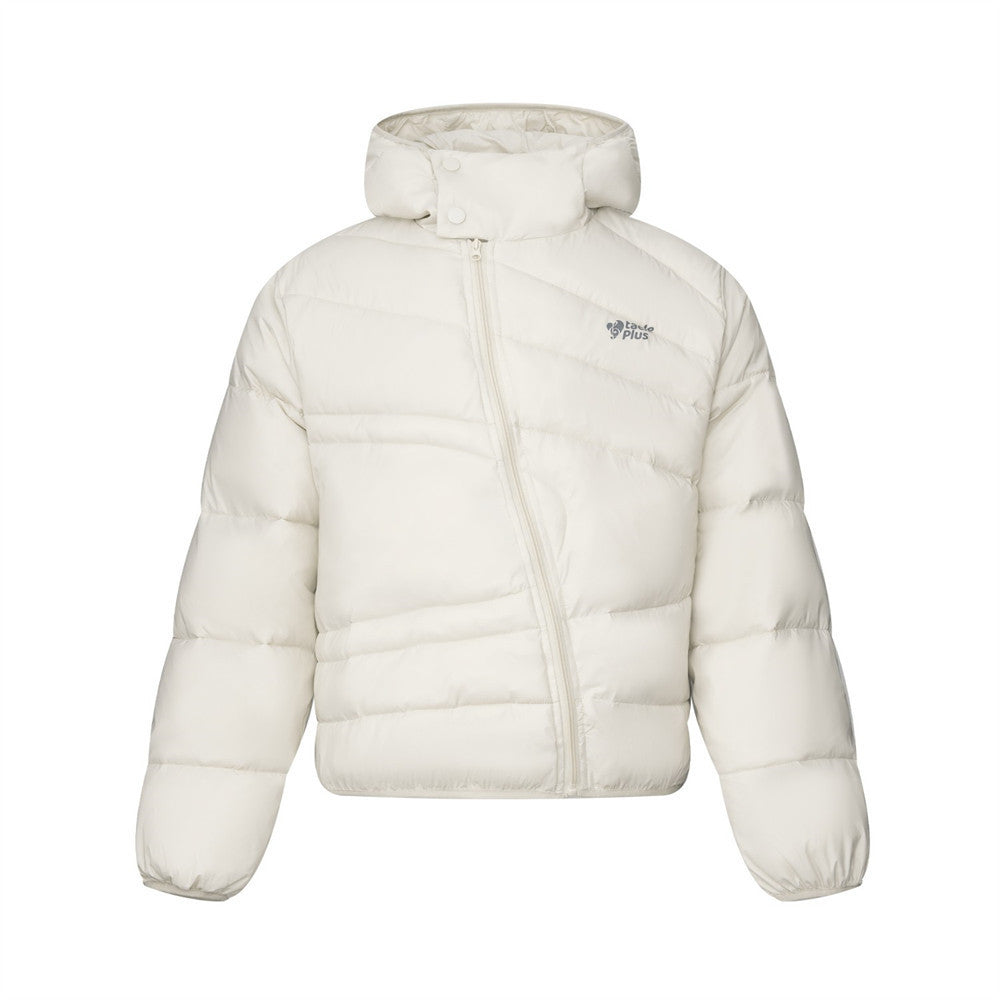 Diagonal Zip Hooded Puffer Jacket – Oversized Streetwear Down Coat