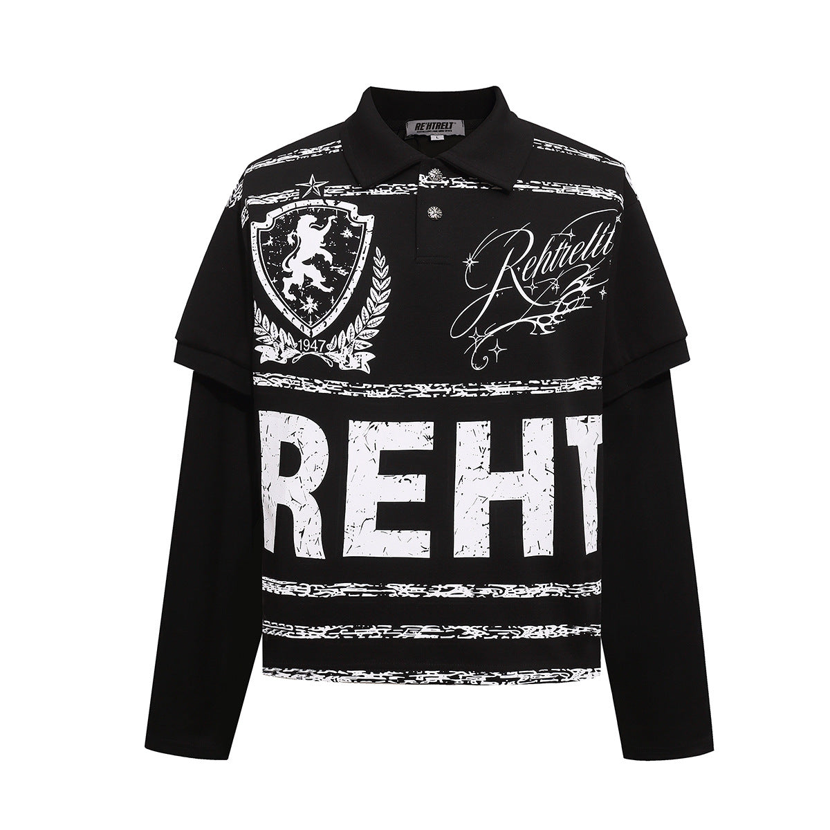 Rehtrelt Faux Two-Piece Long Sleeve Polo Shirt – Crest Graphic Hip-Hop Top