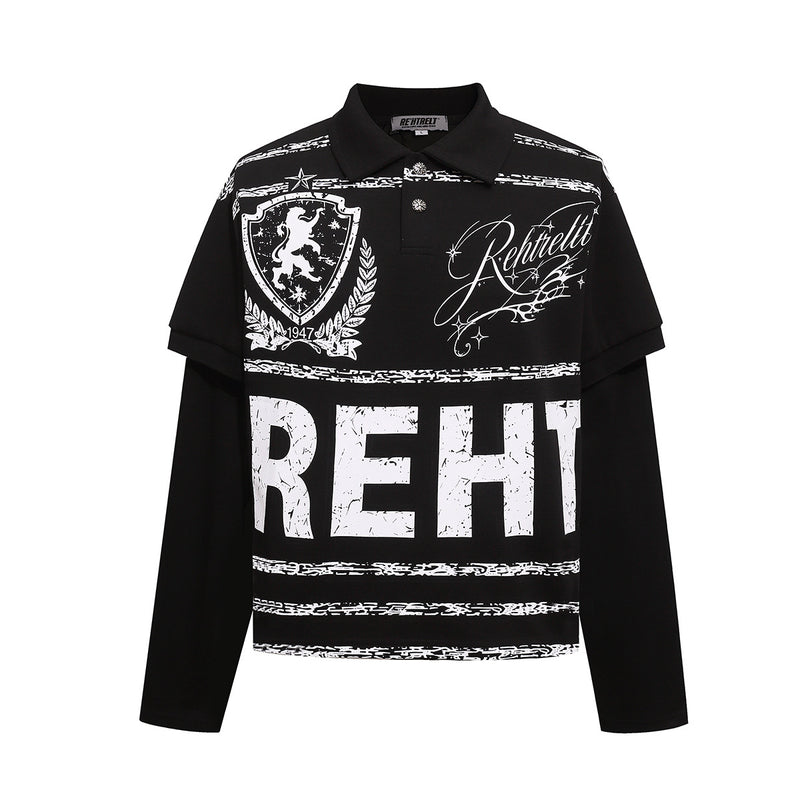 Rehtrelt Faux Two-Piece Long Sleeve Polo Shirt – Crest Graphic Hip-Hop Top