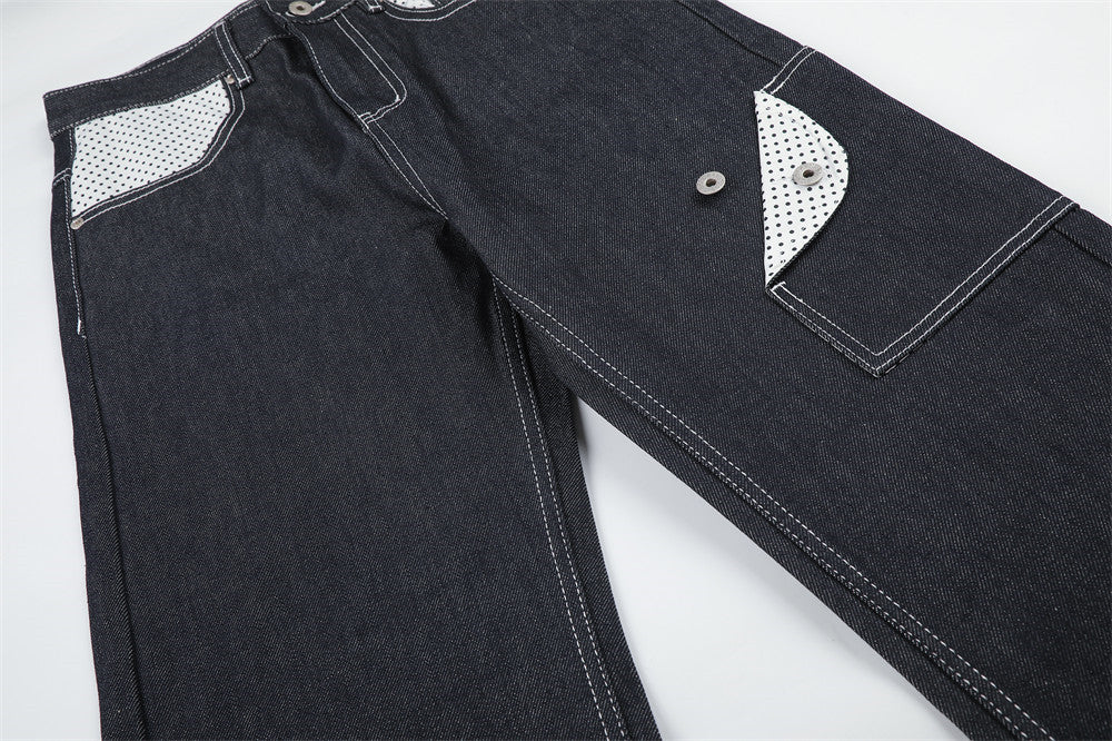 Jean homme droit – Denim foncé à jambes larges avec patchwork à pois