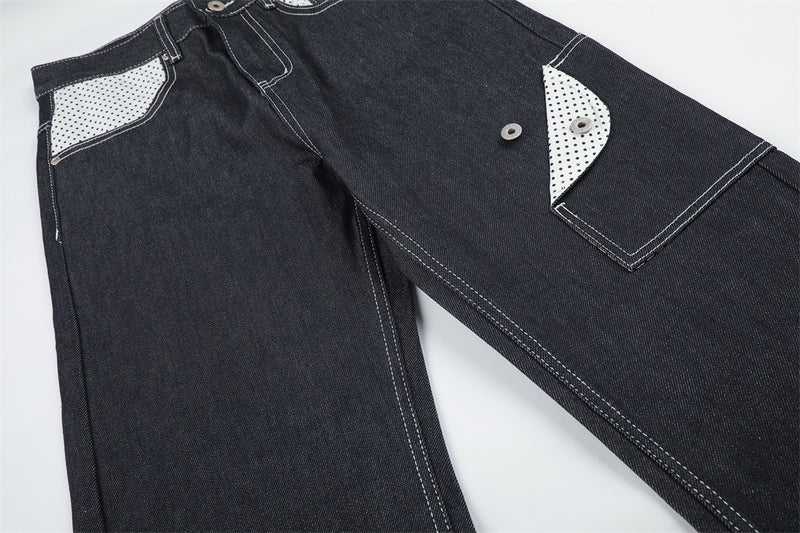 Jean homme droit – Denim foncé à jambes larges avec patchwork à pois