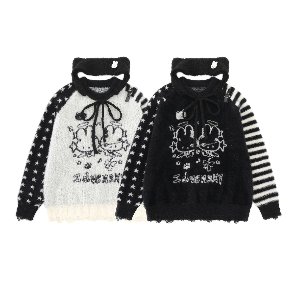 Cartoon Rabbit Angel Knit Sweater – Mixed Star & Stripe Fuzzy Pullover with