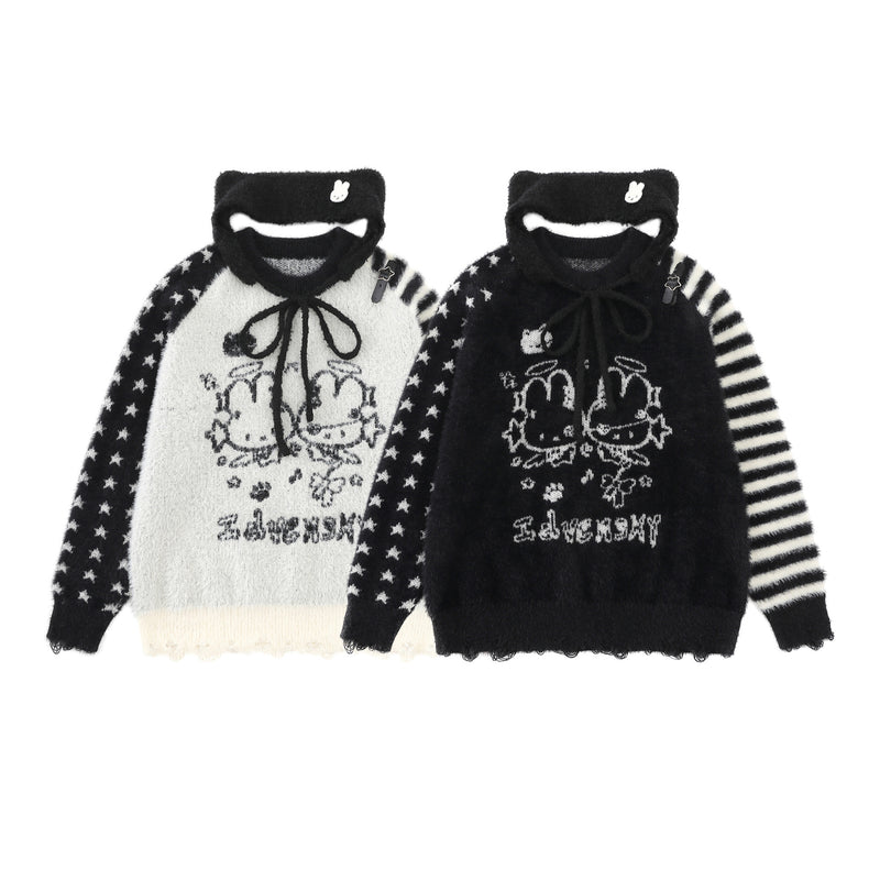 Cartoon Rabbit Angel Knit Sweater – Mixed Star & Stripe Fuzzy Pullover with