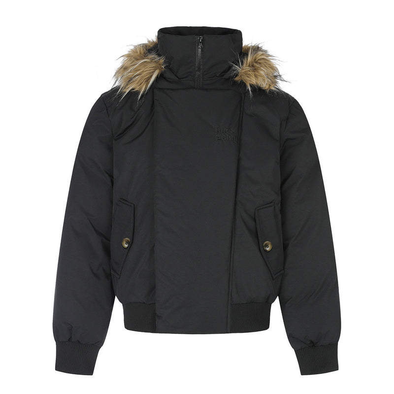 Fur-Trim Hooded Bomber Down Jacket – Oversized Fit with Stand Collar