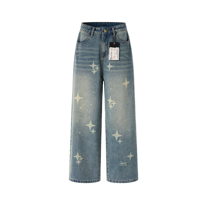 Jeans Star Print Baggy Wide-Leg Men – Washed Light Blue Straight Trousers