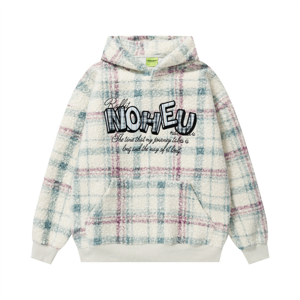 Oversized Karomuster-Sherpa-Fleece-Hoodie mit gesticktem NOHEU-Schriftzug auf der Brust, in Blau-Pink
