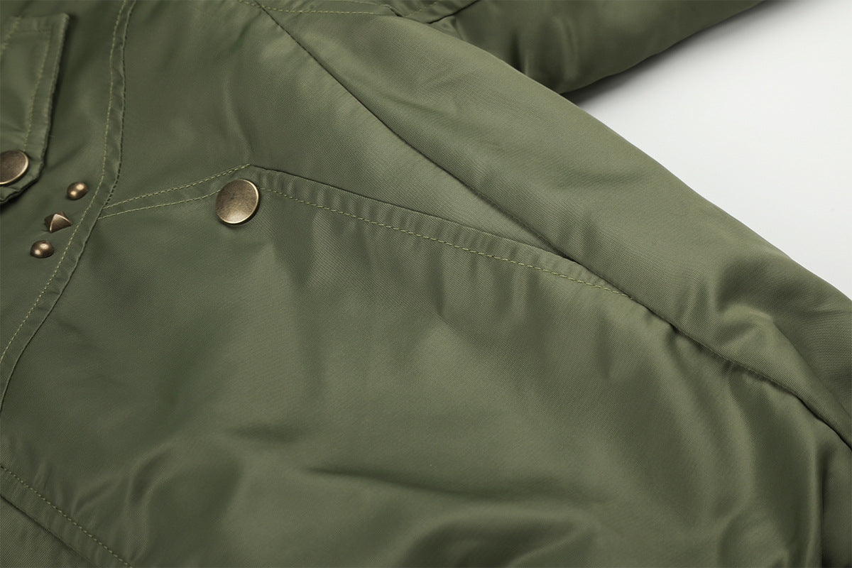 Army Green Bomber Jacket with Leopard Faux Fur Collar & Studs