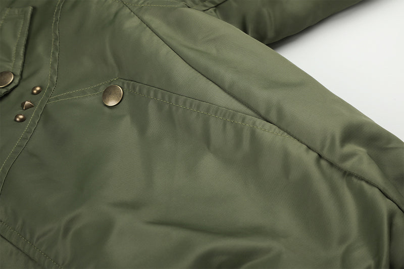Army Green Bomber Jacket with Leopard Faux Fur Collar & Studs