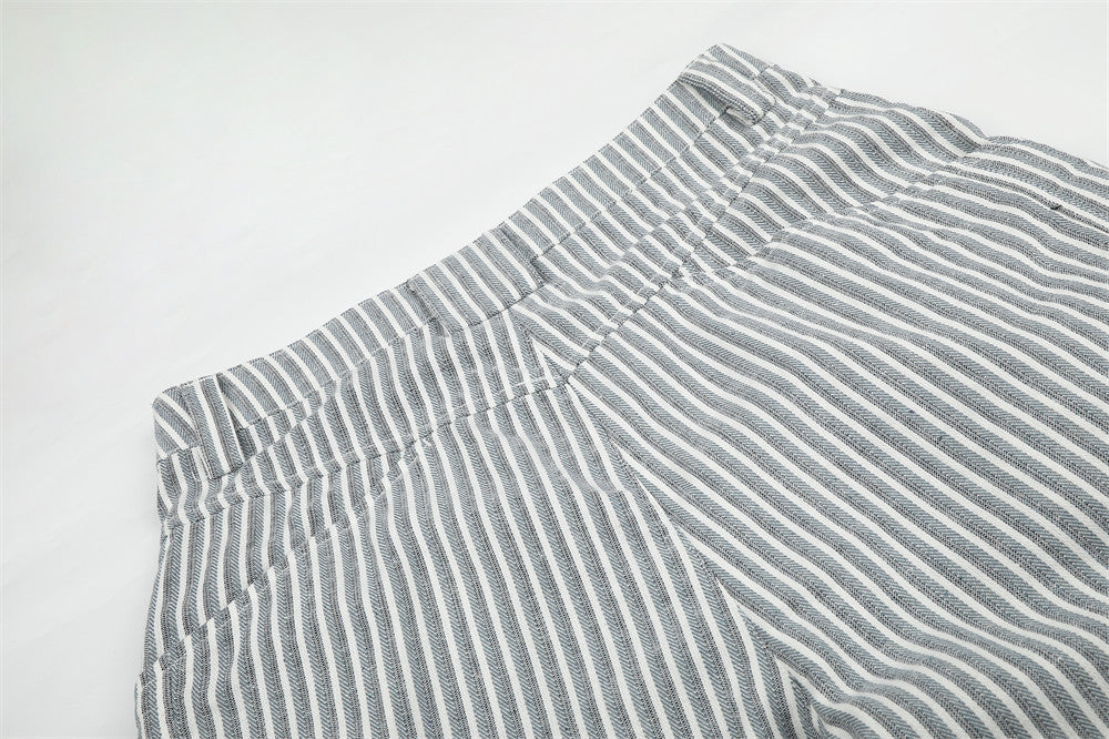 Wide-Leg Striped Pants with Curved Arc Pocket Design