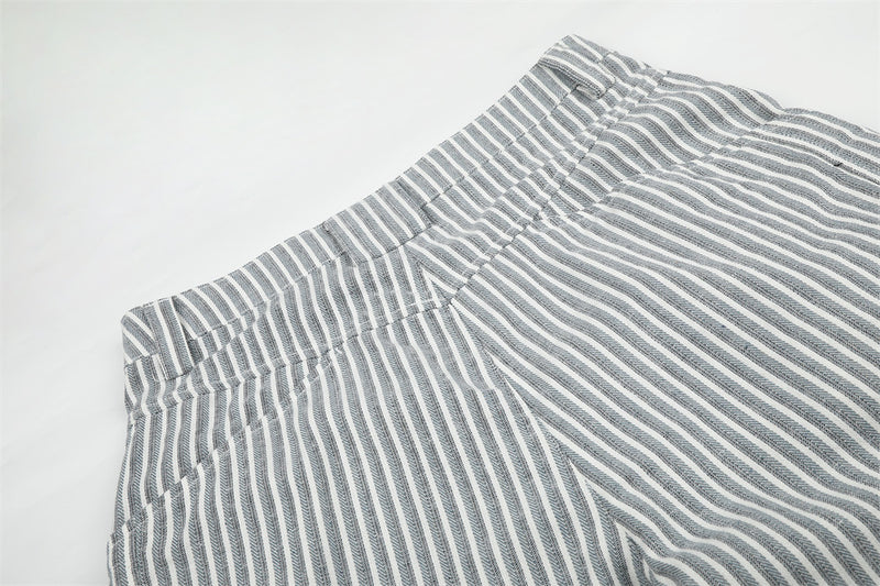 Wide-Leg Striped Pants with Curved Arc Pocket Design