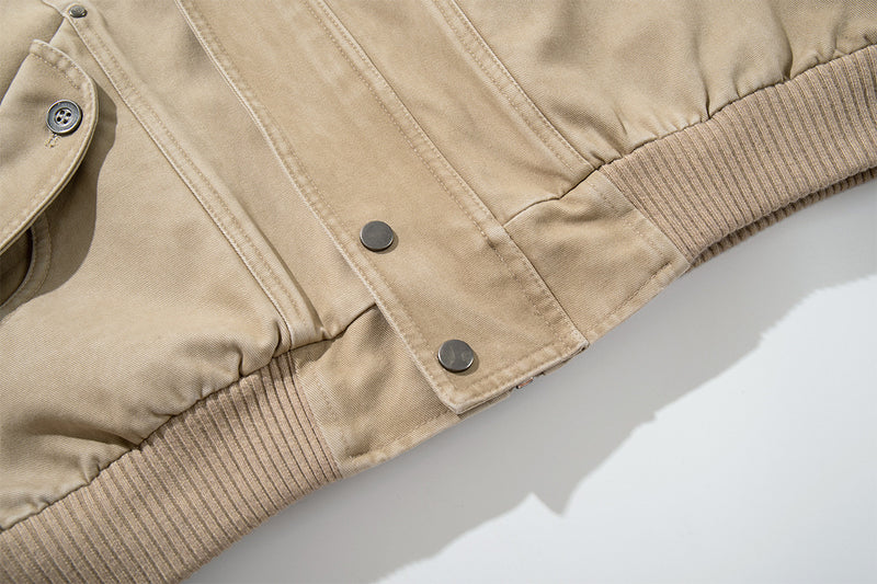 Blouson bomber kaki délavé – Col montant, boutons-pression et poches cargo