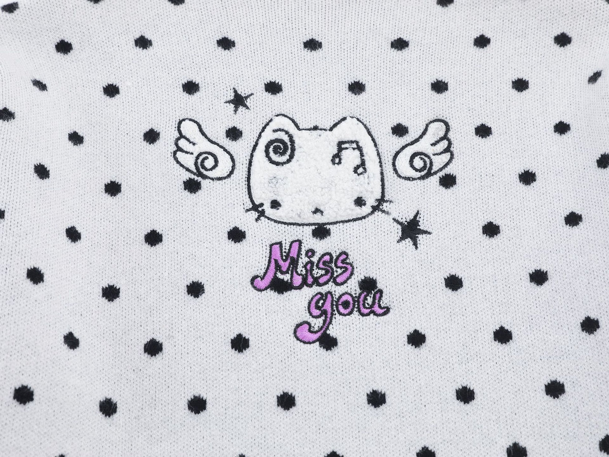 Polka Dot Mock Neck Knit Sweater Top with Cat Embroidery & Lettuce Hem