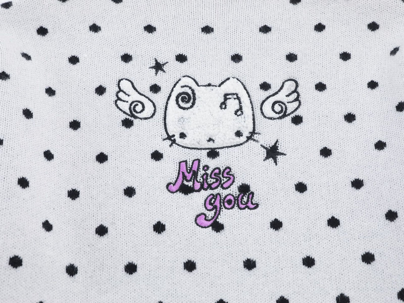 Polka Dot Mock Neck Knit Sweater Top with Cat Embroidery & Lettuce Hem
