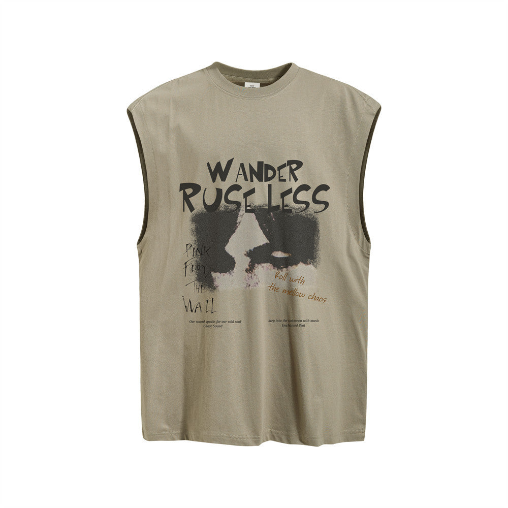 Graphic Print Sleeveless Tank Top – Oversized Fit, Round Neck, Wander Ruseless