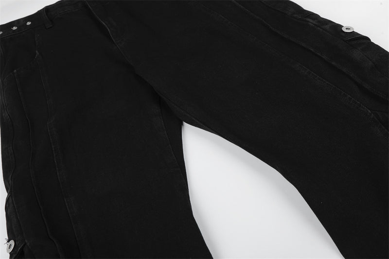 Wide-Leg Cargo Jeans – Pleated Multi-Pocket Washed Black Denim