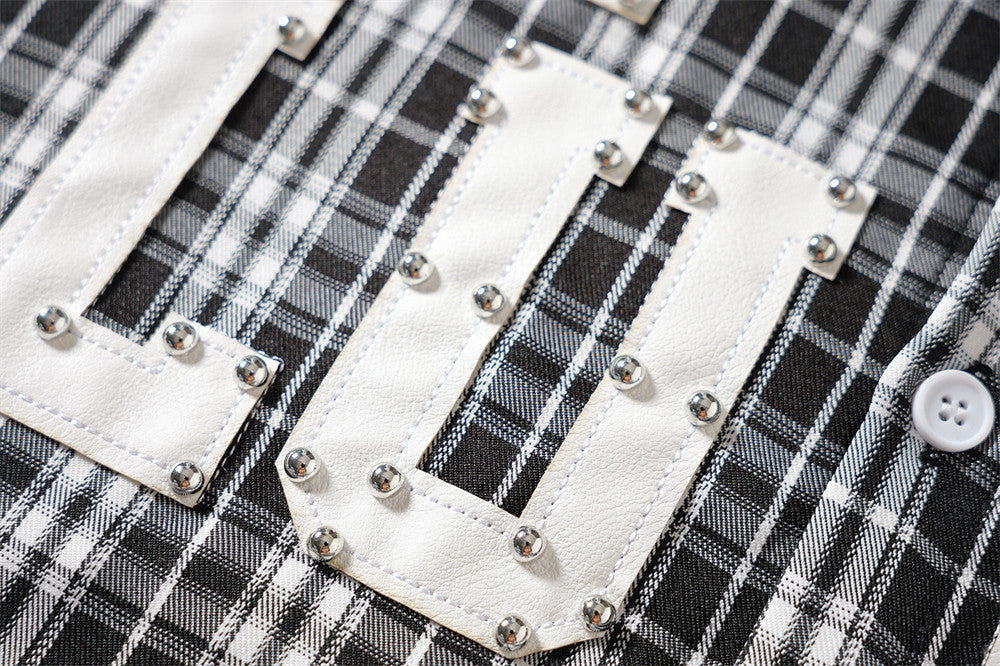 Men's Plaid Long Sleeve Shirt with LUCK Star Letter Patch
