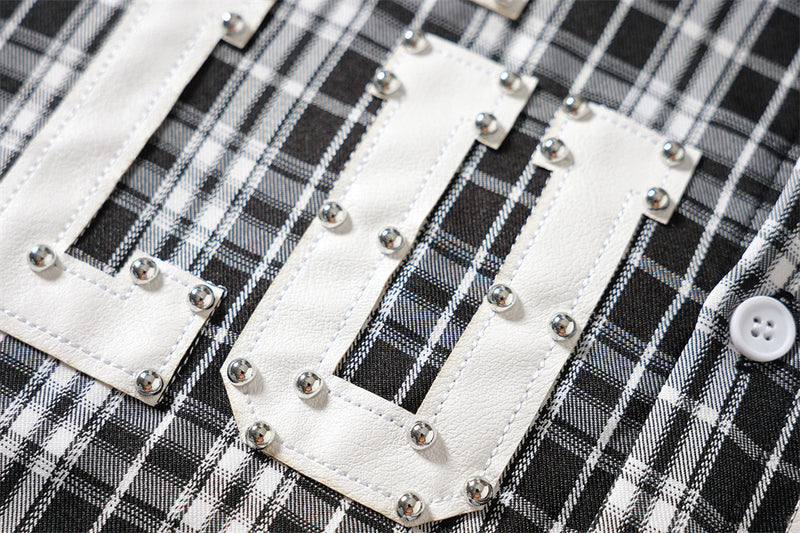 Men's Plaid Long Sleeve Shirt with LUCK Star Letter Patch